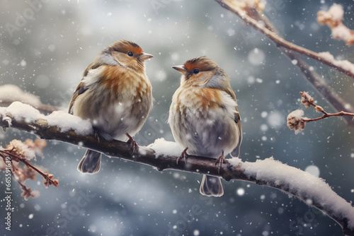 Pair of birds sitting on a branch covered with snow in winter forest with snowfall and golden lights in the background.