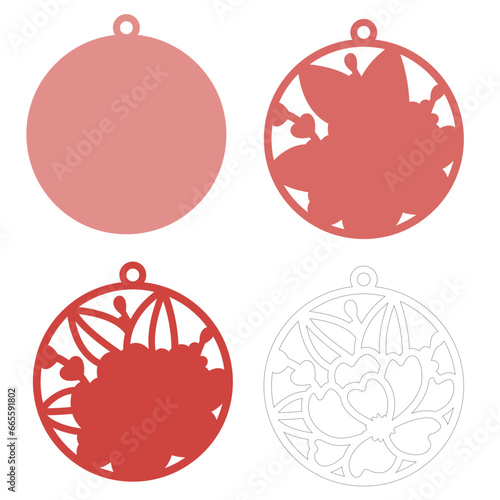 Round Christmas tree decoration with flowers, Layered papercut svg, Holiday Winter ornament for paper and laser cutting