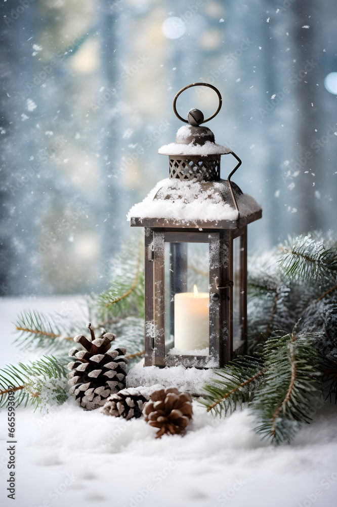 Lantern with burning candle, pine cones and spruce branches on wooden board surface covered with snow, abstract background with snowflakes and sparkling light. Vertical composition. Lantern with burning candle, pine cones and spruce branches on wooden board surface covered with snow, abstract background with snowflakes and sparkling light. Vertical composition.