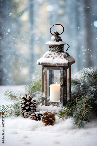 Lantern with burning candle, pine cones and spruce branches on wooden board surface covered with snow, abstract background with snowflakes and sparkling light. Vertical composition. © linda_vostrovska
