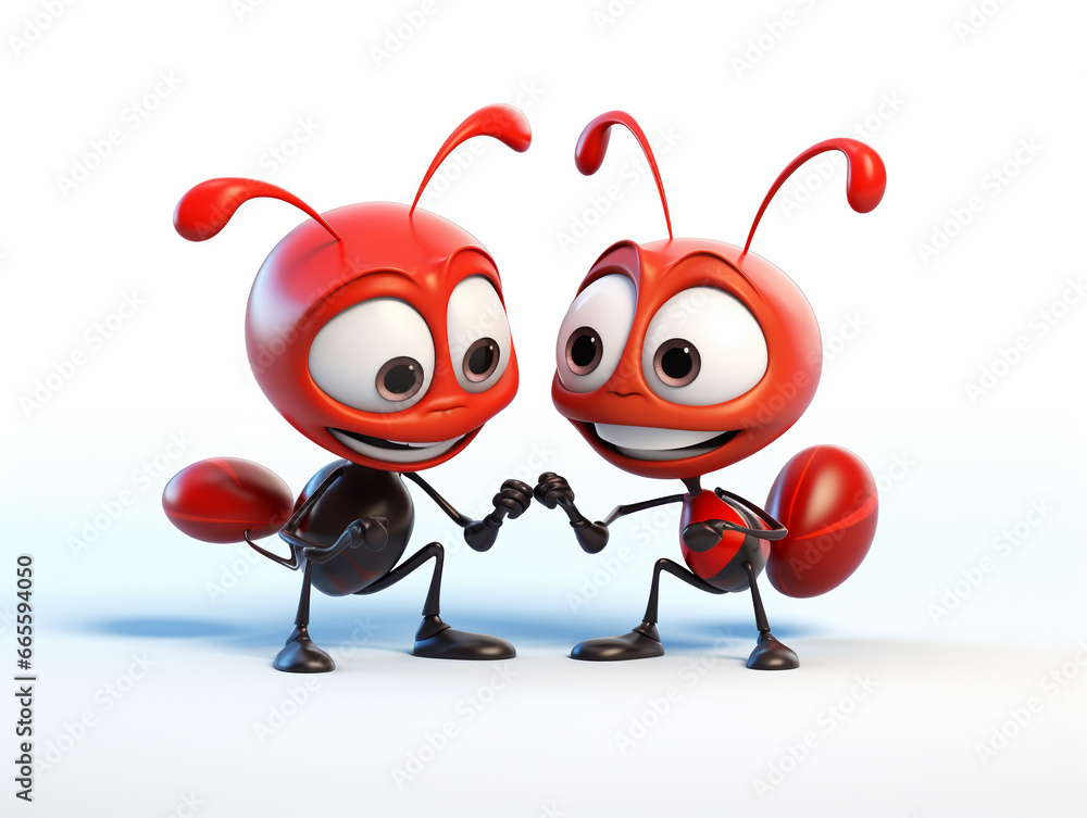 Obraz premium Two 3D Cartoon Ants in Love on a Solid Background