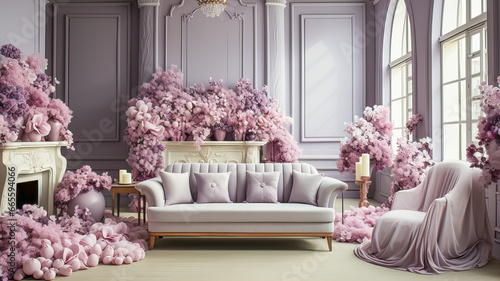 Wedding decor. Luxury interior of the living room with a purple sofa and flowers. 3d render. Generative AI technology.