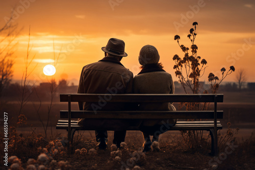 an elderly couple, a man and a woman, are sitting on a bench and enjoying the scenery, rear view