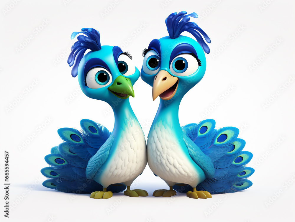 Fototapeta premium Two 3D Cartoon Peacocks in Love on a Solid Background