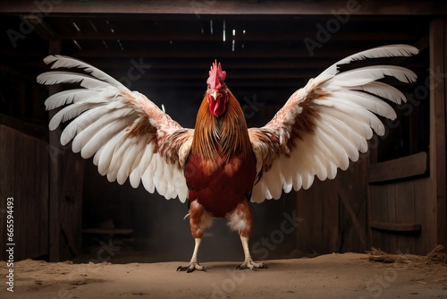 portrait of a rooster standing in front of the gate to the barn, spread his wings, against the sky photo