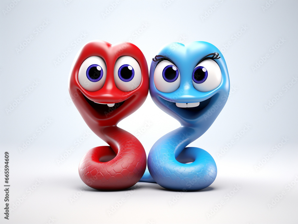 Obraz premium Two 3D Cartoon Snakes in Love on a Solid Background