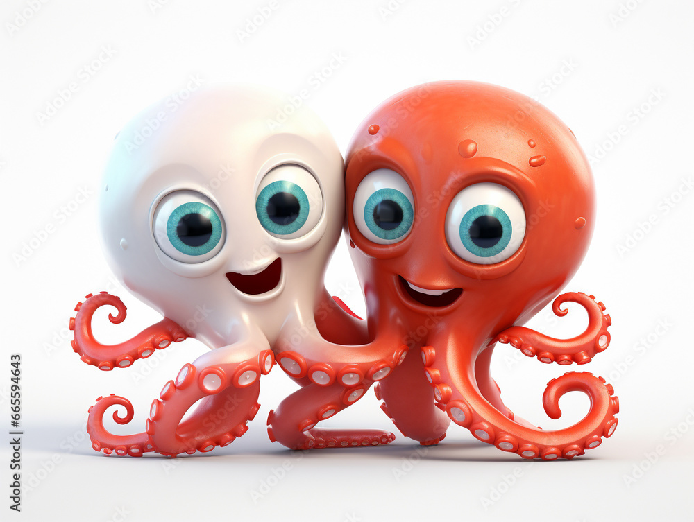 Two 3D Cartoon Squids in Love on a Solid Background Two 3D Cartoon Squids in Love on a Solid Background