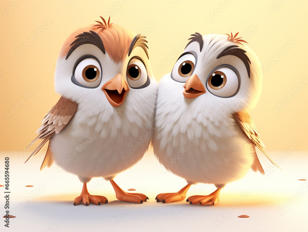 Two 3D Cartoon Sparrows in Love on a Solid Background