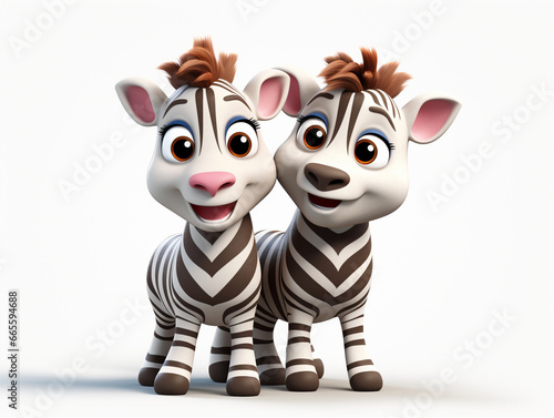 Two 3D Cartoon Zebras in Love on a Solid Background