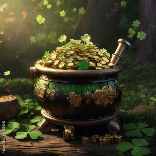 An illustration of a magic pot full of coins and a leprechaun's hat st patrick's day concept,St patricks day background with golden pot and fourleaf clover