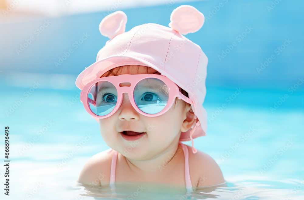 Naklejka premium A beautiful little girl, a cute baby, is sitting in the pool with big pink glasses. A child is having fun during a family vacation at a tropical resort. AI generated