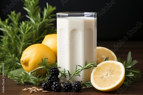 Glass of milk with lemon, blackberry and rosemary on wooden table