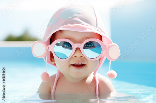 A beautiful little girl, a cute baby, is sitting in the pool with big pink glasses. A child is having fun during a family vacation at a tropical resort. AI generated