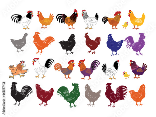 Set of cartoon chicken hen rooster poultry farm animal icon character vector illustration.