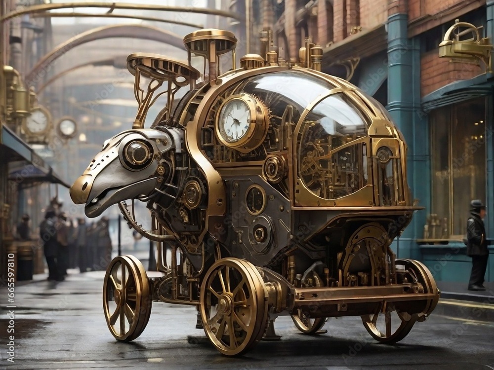 clockwork animals |steampunk cityscape| peacefully roam the streets| clock