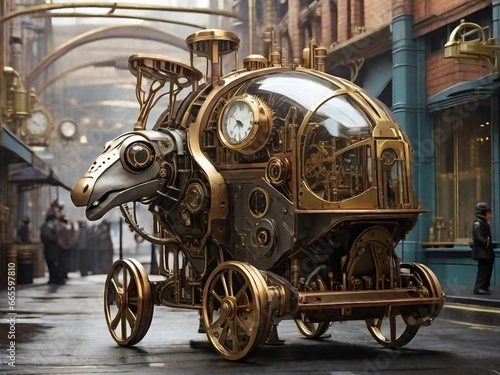 clockwork animals |steampunk cityscape| peacefully roam the streets| clock