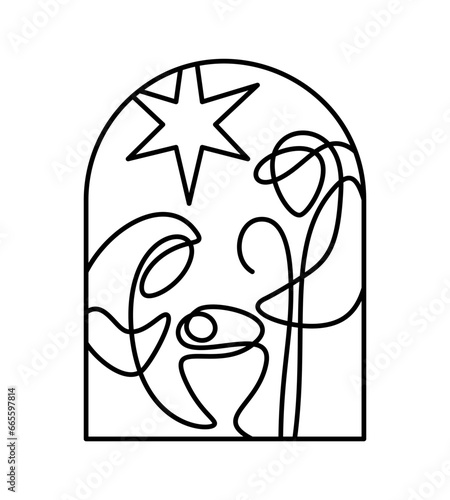 Baby Jesus with Mary and Joseph. Christmas Vector Christian icon religious Nativity Scene of Logo illustration sketch. Doodle hand drawn with black lines isolated on white background