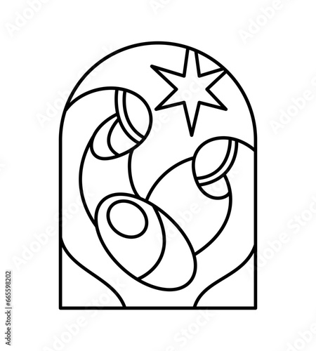 Christmas Vector Christian icon baby Jesus with Mary and Joseph with star. Religious Nativity Scene of Logo illustration sketch. Doodle hand drawn with black lines isolated on white background