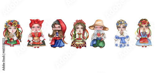 Wallpaper Mural Watercolor hand drawn girl and boy gnome in national ukrainian costume. Design for baby shower party, birthday,cake, holiday celebration design, greetings card,invitation. Torontodigital.ca