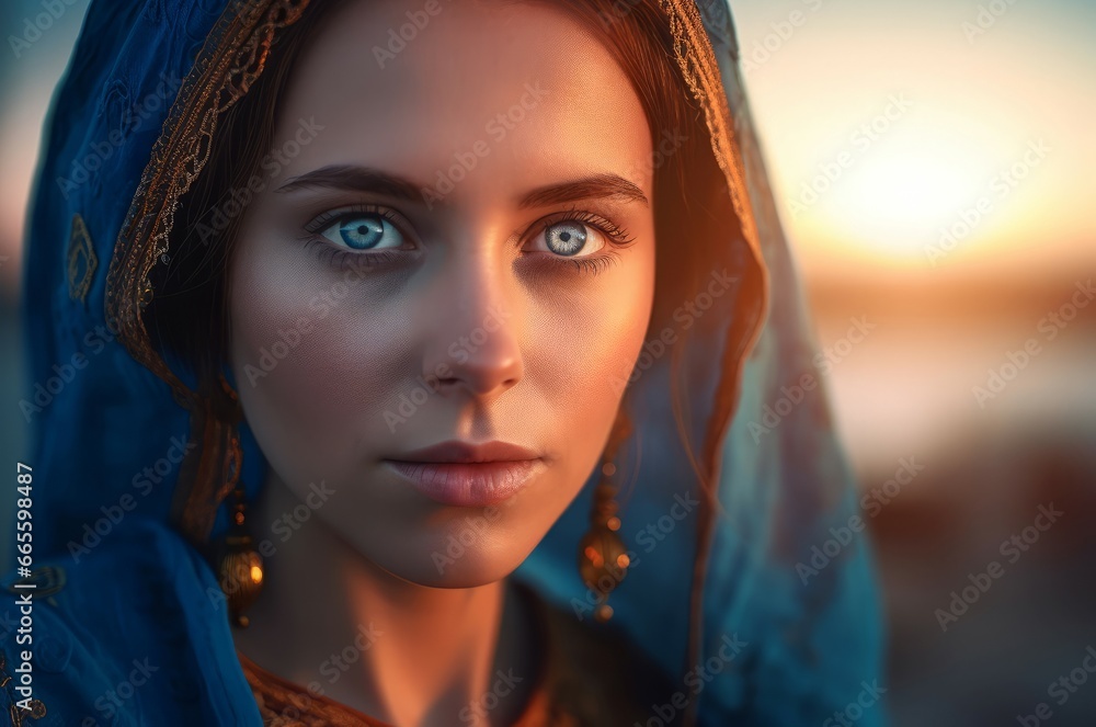 Woman with huge deep blue eyes. Portrait of pretty lady wearing breeze headscarf. Generate ai Woman with huge deep blue eyes. Portrait of pretty lady wearing breeze headscarf. Generate ai