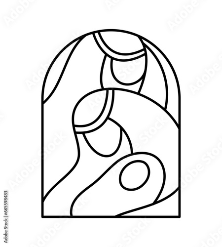Baby Jesus with Mary and Joseph. Christmas Vector Christian icon religious Nativity Scene of Logo illustration sketch. Doodle hand drawn with black lines isolated on white background