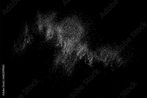 Distressed white grainy texture. Dust overlay textured. Grain noise particles. Snow effects pack. Rusted black background. Vector illustration.