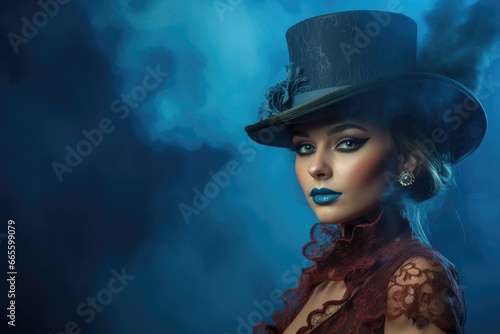 Beautiful woman with blue lipstic on smoggy blue background Halloween costume