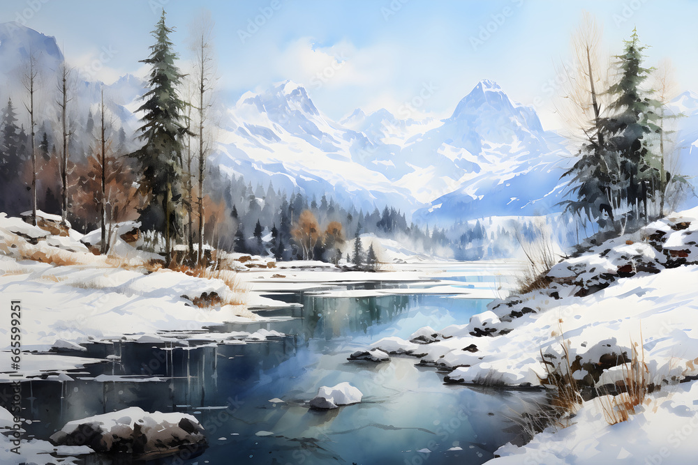 Sunny Day Bliss, Watercolor Winter Landscape With Trees, Lake and Majestic Mountains