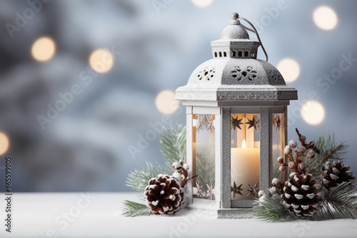 White lantern with candle and decorations on snow, Christmas or New year card with copy space photo