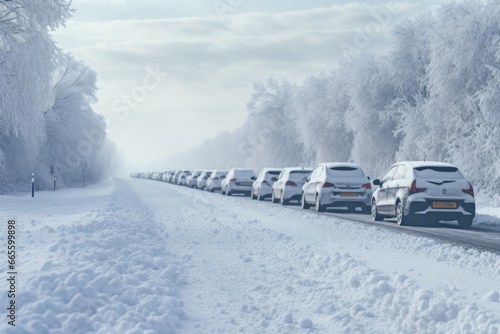 Traffic jam on the road caused by heavy snowfall