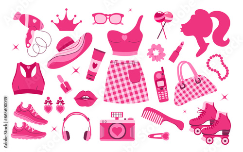 Glamorous trendy pink stickers set. Nostalgic 2000s style collection. Pink trendy set, doll accessories and clothing. Used to create attractive jewelry, stationery.
