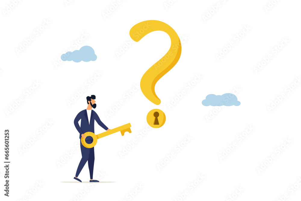 Businessman holding a golden key to unlock the keyhole on a question mark. The key to unlock the answer to the problem and questions is understanding the concept. Businessman holding a golden key to unlock the keyhole on a question mark. The key to unlock the answer to the problem and questions is understanding the concept.