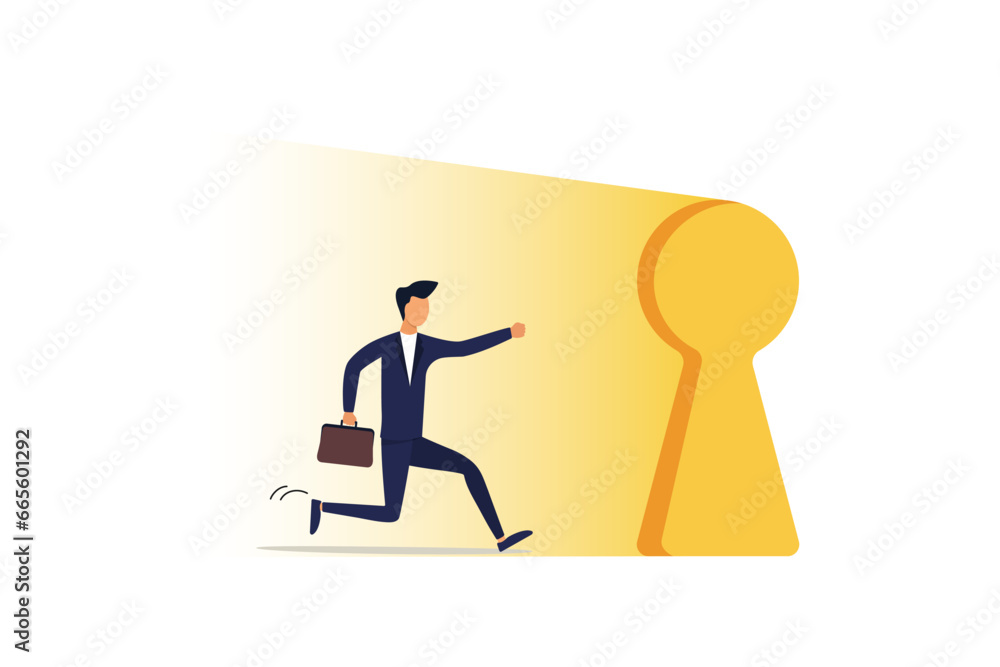 Business man walking through a bright keyhole in a doorway. An opportunity to change your life, to enter the door of career success or success at work, a new challenge or a door to the concept of a br