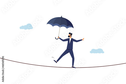 Confident businessman, balance, walking on a high tight rope. Protection against business or investment risks, challenge, danger and difficulties to be overcome.
