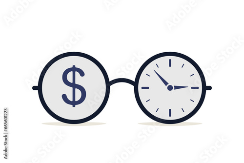 Glasses with dollar sign and clock running over time. Time is money, investment profit or pension fund, or long-term investing, financial freedom concept.