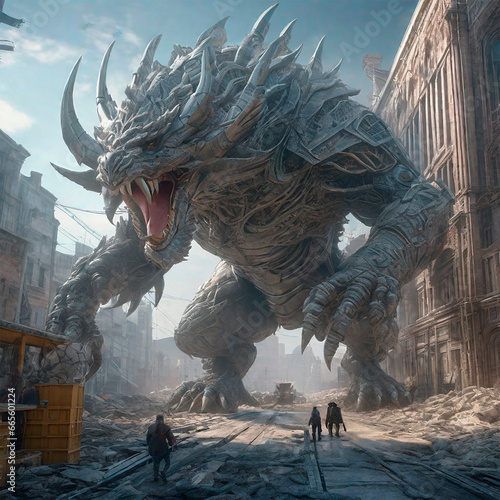 fantastic monster on the streets of a destroyed city