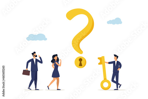 Businessman holding a golden key to open the keyhole on a question mark and help the team in resolving the issue. The key to answering the problem and questions is understanding the concept.