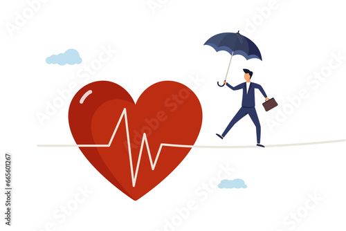 The man with the umbrella walks with a risky heart rate, as if walking on a tightrope. Health insurance, medical risk or healthcare protection, patient safety or illness and disease treatment concept.
