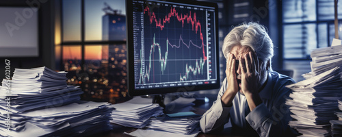 stressed man surrounded by piles of documents in front of computer screen showing crashing red stock market graph photo