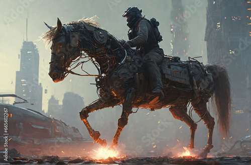 horse and rider at sunset . apocalypse theme .