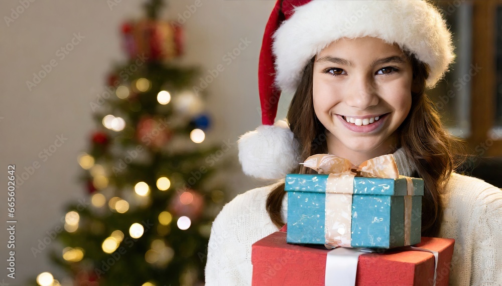 Festive Christmas Girl with Gifts and Copyspace Festive Christmas Girl with Gifts and Copyspace