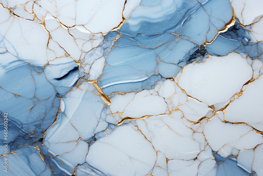 Blue and white marble with thin irregular gold veins.