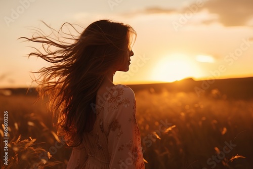 A beautiful woman with long hair fluttering in the wind in a meadow where the sun is setting is looking at the distant horizon. generative AI © yj