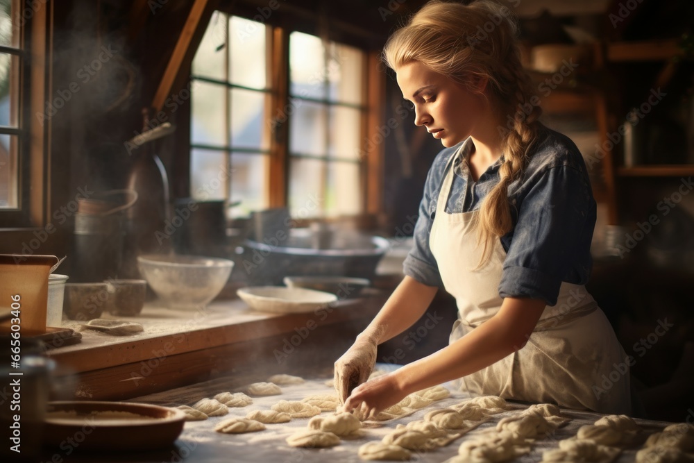 Woman making dough for cinnamon rolls in home kitchen. Cook sticky tasty snack food. Generate Ai