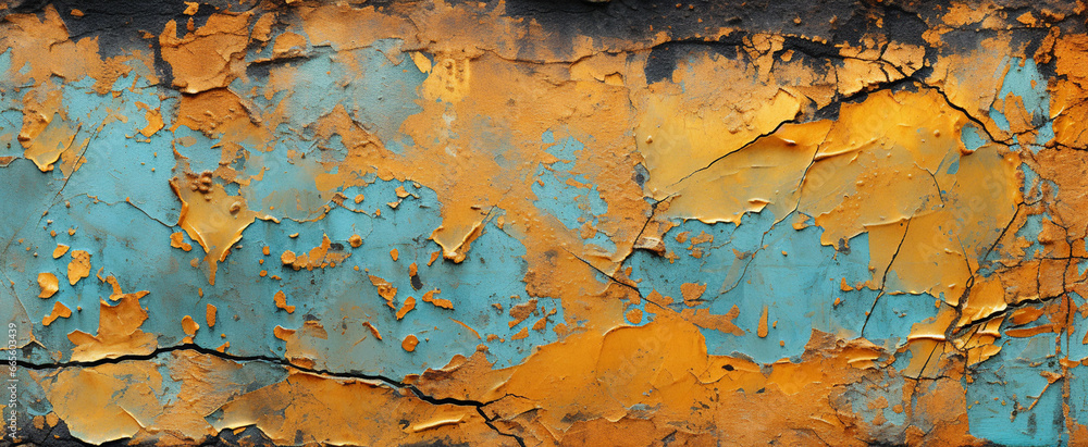 Liquid yellow and turquoise colors in mottled grungy painted