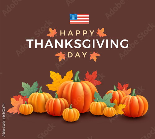 Happy Thanksgiving Day USA design with orange pumpkins and the United States flag - brown background vector illustration 