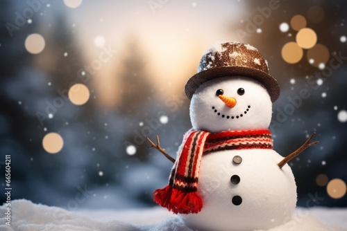 Smiling cute snowman in hat and scarf standing in snowy forest with blurred lights shimmering at background