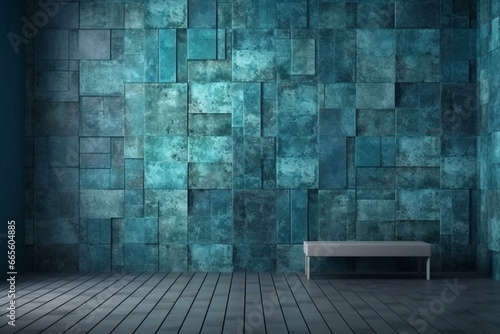 Blue patina wall with textured tile wallpaper featuring rectangular blocks. 3D render. Generative AI