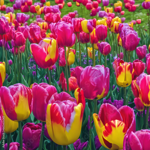 A field of vibrant  multicolored tulips.