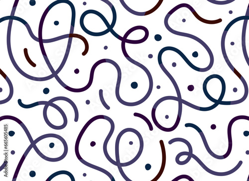 Naive Doodle pattern of colorful abstract squiggles print, continuous line, scribble spiral and wavy lines. retro 80s memphis style. Chaotic ink brush scribbles.